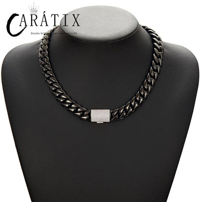 CARÁTIX - Hip Hop Bling Iced Out Stainless Steel 14mm Round Cuban Miami Link Chain Necklace for Men Rapper Jewelry Black Color Valentine's Day Gift for Men & Girls & Boys Mothers' Day Gift #Springtok