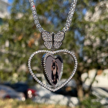 Butterfly Bail Rotating Heart Custom Photo Pendant Necklace – Iced Out Hip Hop Jewelry - CaratixJewelry