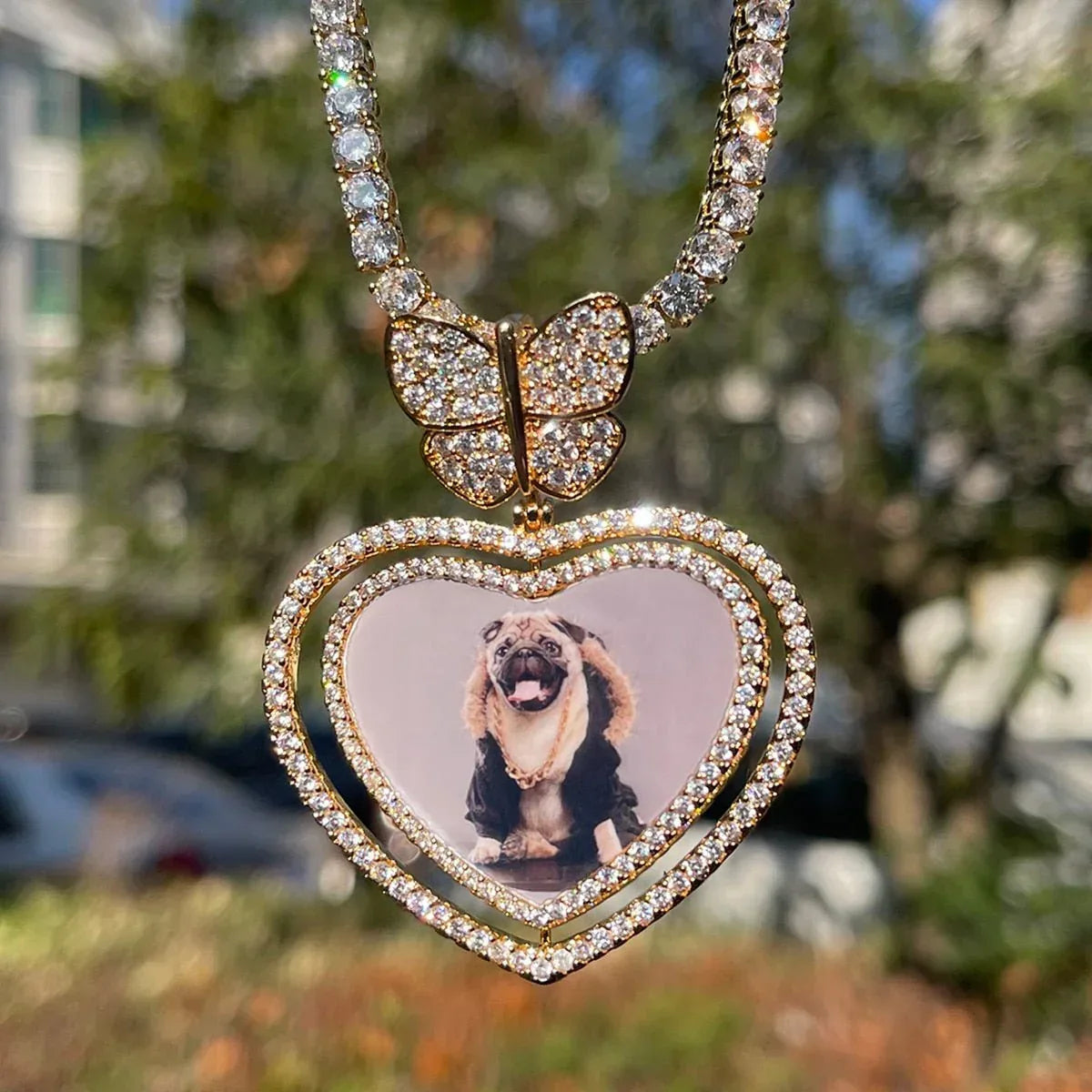 Butterfly Bail Rotating Heart Custom Photo Pendant Necklace – Iced Out Hip Hop Jewelry - CaratixJewelry