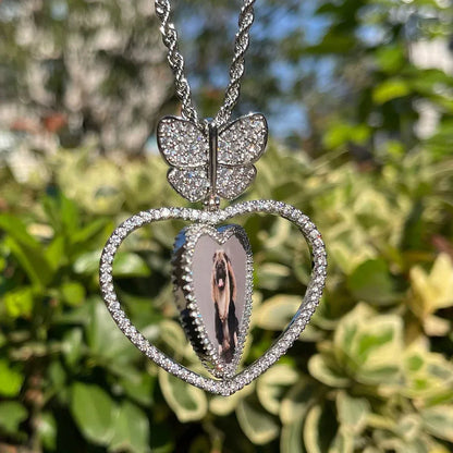 Butterfly Bail Rotating Heart Custom Photo Pendant Necklace – Iced Out Hip Hop Jewelry - CaratixJewelry