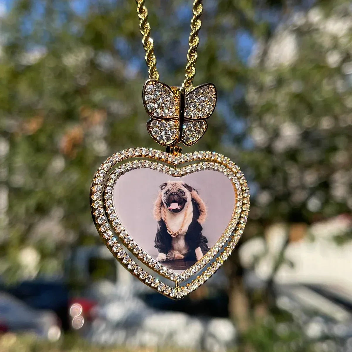 Butterfly Bail Rotating Heart Custom Photo Pendant Necklace – Iced Out Hip Hop Jewelry - CaratixJewelry
