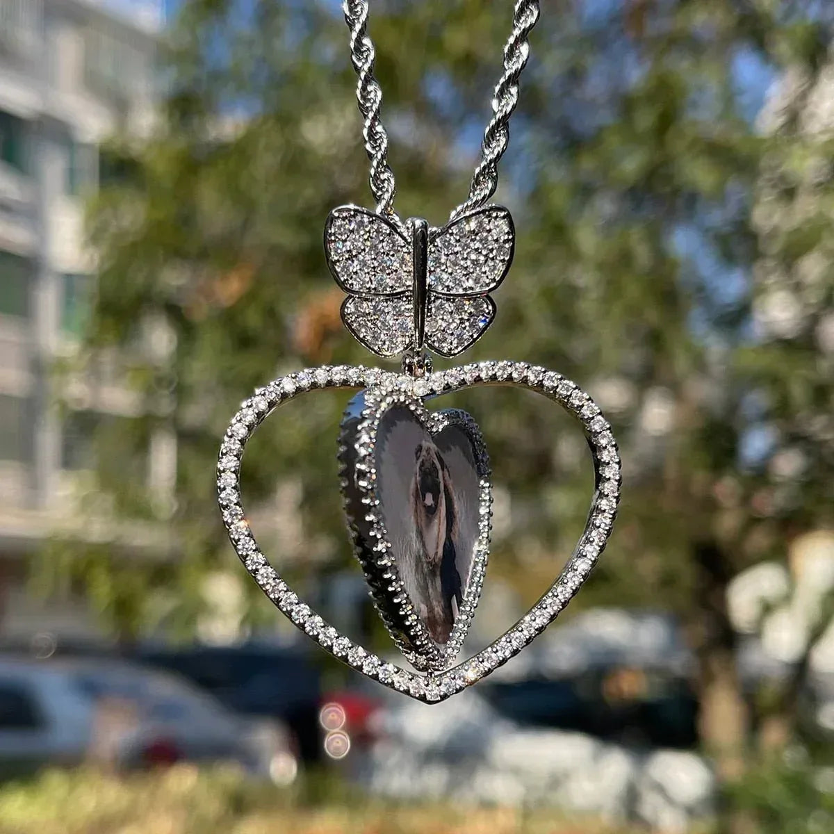 Butterfly Bail Rotating Heart Custom Photo Pendant Necklace – Iced Out Hip Hop Jewelry - CaratixJewelry