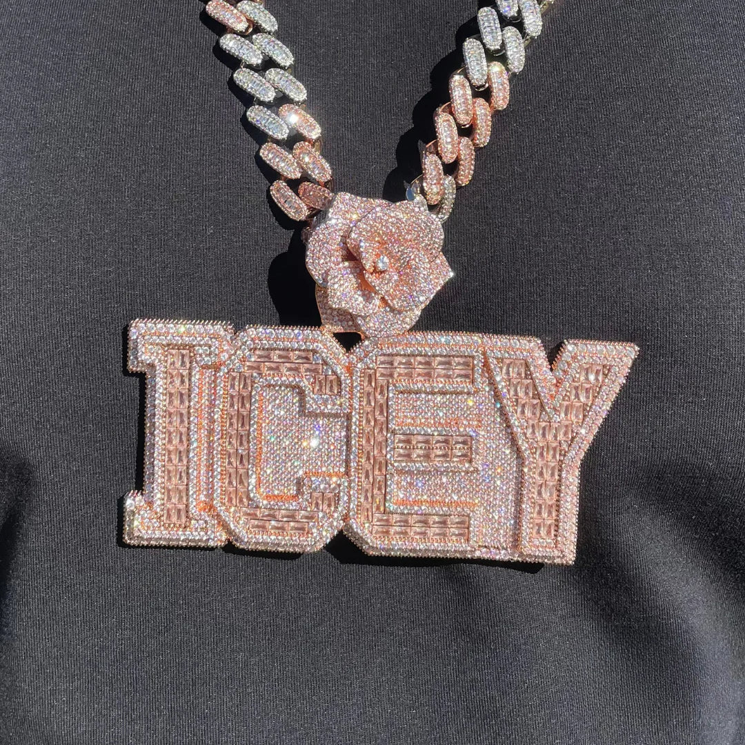 Rising Rose Edition Iced Out Personalized Custom Name Necklace Pendant with Rose Flower Bail - Luxury Jewelry