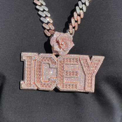 Rising Rose Edition Iced Out Personalized Custom Name Necklace Pendant with Rose Flower Bail - Luxury Jewelry