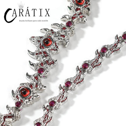 CARÁTIX Red Stone Eyes Thorns Link Chain Necklace – 5A+ CZ Iced Out Hip Hop Bling Jewelry for Men & Women | Rapper Gift