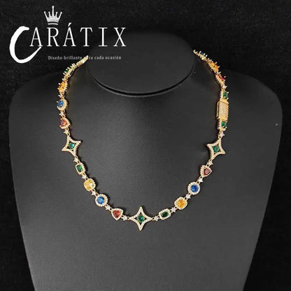 CARÁTIX -  Women  Rainbow Necklace Circle rectangle triangle Green/Blue/Red/yellow Color Gemstone Link ChainValentine's Day Gift for Men & Girls & Boys Mothers' Day Gift #Springtok