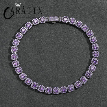 CARÁTIX - Hip Hop Purple CZ Stone Bling Iced Out 12MM Square Zirconia Tennis Link Chain Bracelet Necklace for Men Rapper Jewlery Black Valentine's Day Gift for Men & Girls & Boys Mothers' Day Gift #Springtok
