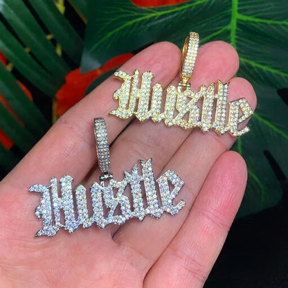 Hustle Iced Out Letter Diamond Pendant Necklace – Custom Hip Hop Jewelry for Men