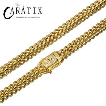 CARÁTIX Golden Stainless Steel Cuban Chain | CZ Box Lock Iced Out Hip Hop Necklace for Men