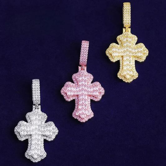 Double Layer Iced Out Baguette Cross Pendant | Men's Real Copper CZ Necklace - CaratixJewelry