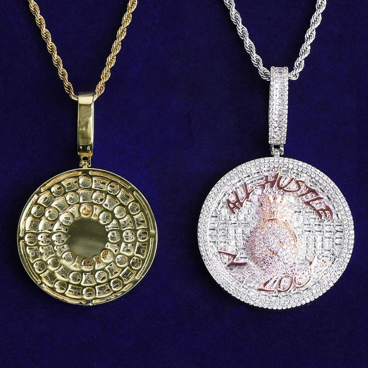 Iced Out "ALL HUSTLE NO LUCK" Medallion | Men's Round Letter Pendant - CaratixJewelry