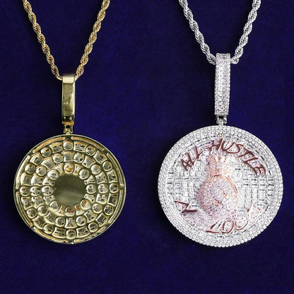 Iced Out "ALL HUSTLE NO LUCK" Medallion | Men's Round Letter Pendant - CaratixJewelry