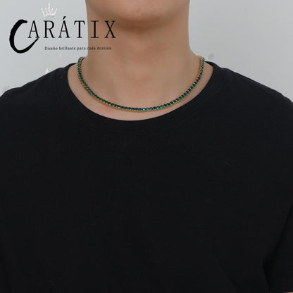 CARÁTIX - 4mm Hip Hop Green Zircon Set Bling Iced Out 1 Row CZ Stone Tennis Link Chain Chokers Necklaces for Men Women Rapper Jewelry Valentine's Day Gift for Men & Girls & Boys Mothers' Day Gift #Springtok