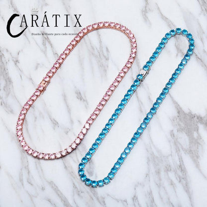 CARÁTIX Pink & Blue CZ Tennis Chain | 3–6mm Iced Out Hip Hop Necklace for Men & Women