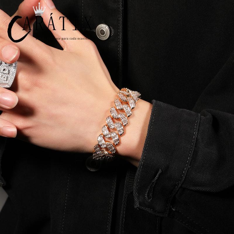 CARÁTIX - Hip Hop Square 3A+ CZ Stone Paved Bling Iced Out 19mm Solid Rhombus Cuban Miami Link Chain Bracelet for Men Rapper Jewelry Valentine's Day Gift for Men & Girls & Boys Mothers' Day Gift #Springtok Necklace