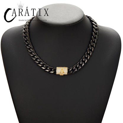 CARÁTIX Letter Cuban Link Chain Necklace – Gold/Silver Zircon Chunky Hip Hop Jewelry for Men | Multi-Size Punk Style Gift
