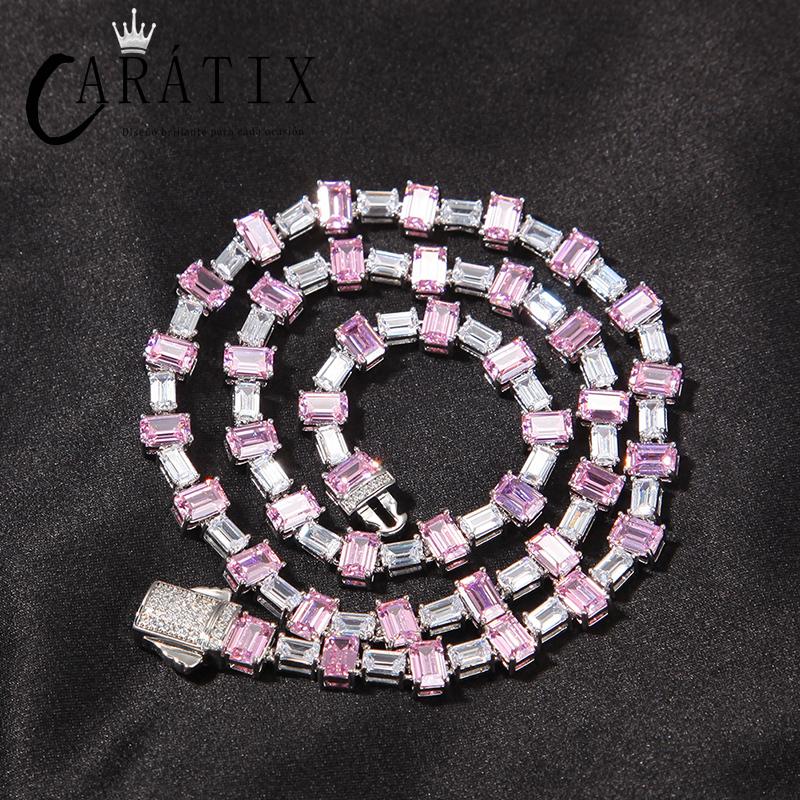 CARÁTIX - Hip Hop Pink White Square CZ Stone Bling Iced Out Tennis Link Chain Chokers Necklaces for Men Women Unisex Rapper Jewelry Valentine's Day Gift for Men & Girls & Boys Mothers' Day Gift #Springtok