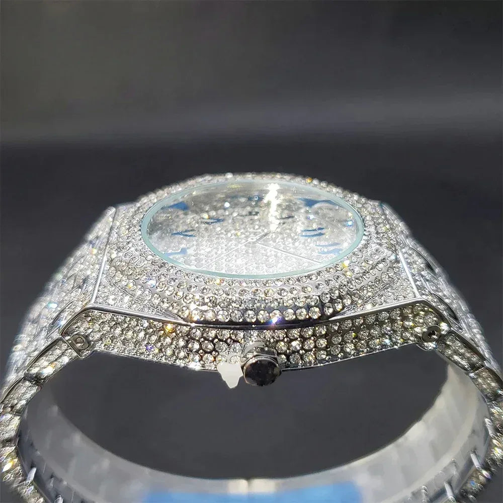 Luxury Octagonal Gold Watch for Men | Blue Numerals Full Iced Out Watch | Waterproof Calendar Hip Hop Wristwatch | Caratix - CaratixJewelry