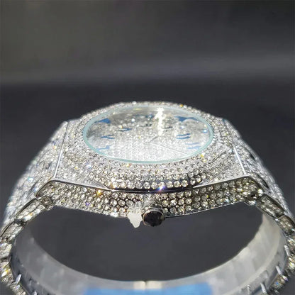 Luxury Octagonal Gold Watch for Men | Blue Numerals Full Iced Out Watch | Waterproof Calendar Hip Hop Wristwatch | Caratix - CaratixJewelry
