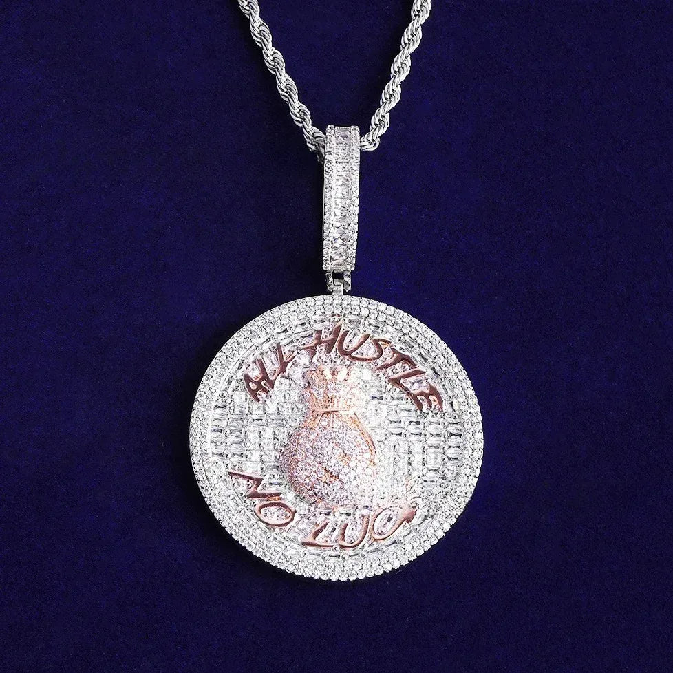 Iced Out "ALL HUSTLE NO LUCK" Medallion | Men's Round Letter Pendant - CaratixJewelry