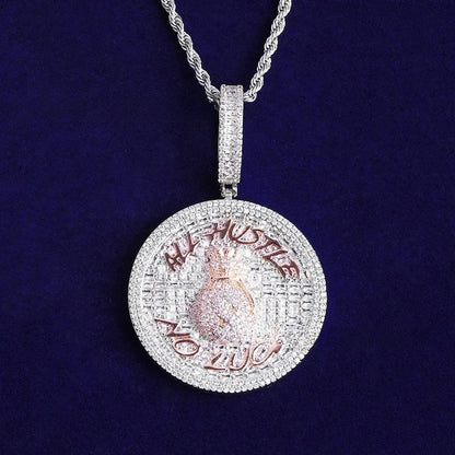 Iced Out "ALL HUSTLE NO LUCK" Medallion | Men's Round Letter Pendant - CaratixJewelry