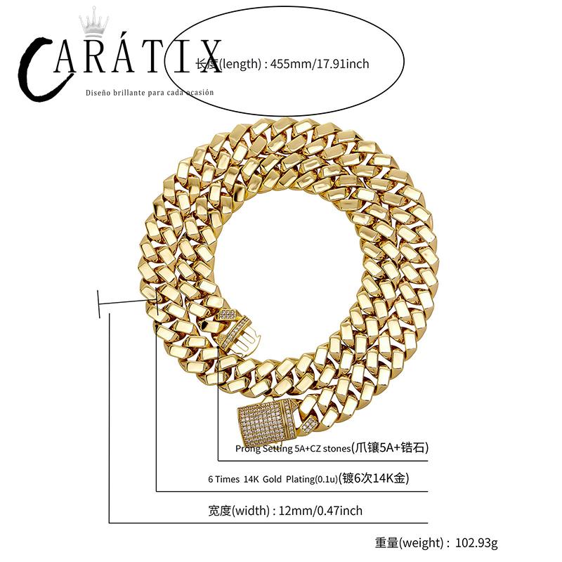 CARÁTIX 12mm Iced Out Cuban Link Chain Necklace – Hip Hop Bling Jewelry for Men | Gold Rhombus Miami Chain Gift