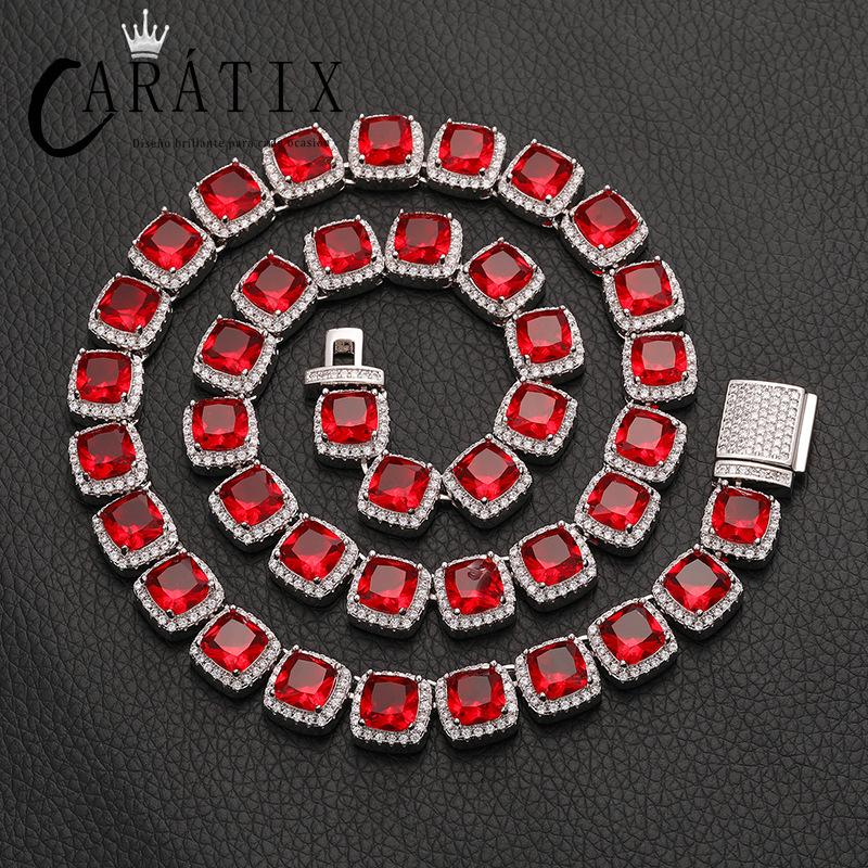 CARÁTIX Blue & Red CZ Tennis Chain | 10mm Iced Out Square Hip Hop Necklace for Men & Women