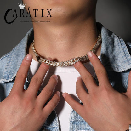 CARÁTIX – 10mm 2-Row Rhombus Cuban Miami Link Chain Necklace | Iced Out CZ Bling Jewelry for Men & Women, Hip Hop Rapper Style - CaratixJewelry