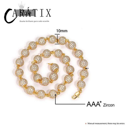 CARÁTIX 10mm Beads Link Chain Necklace – Full CZ Iced Out Hip Hop Bling Jewelry for Men & Women | Rapper Choker Gift - CaratixJewelry