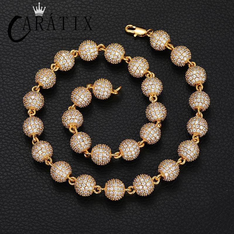 CARÁTIX 10mm Beads Link Chain Necklace – Full CZ Iced Out Hip Hop Bling Jewelry for Men & Women | Rapper Choker Gift - CaratixJewelry
