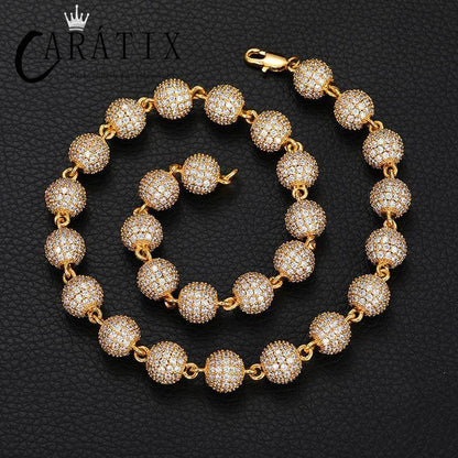 CARÁTIX 10mm Beads Link Chain Necklace – Full CZ Iced Out Hip Hop Bling Jewelry for Men & Women | Rapper Choker Gift - CaratixJewelry