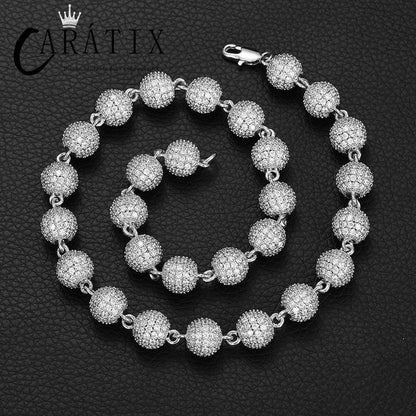 CARÁTIX 10mm Beads Link Chain Necklace – Full CZ Iced Out Hip Hop Bling Jewelry for Men & Women | Rapper Choker Gift - CaratixJewelry