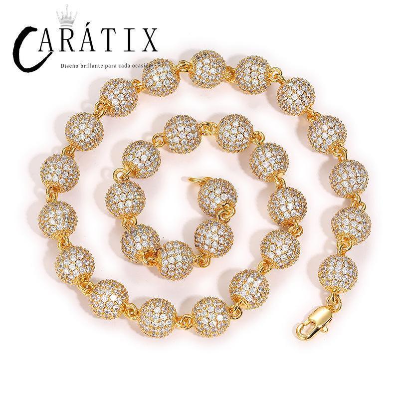 CARÁTIX 10mm Beads Link Chain Necklace – Full CZ Iced Out Hip Hop Bling Jewelry for Men & Women | Rapper Choker Gift - CaratixJewelry
