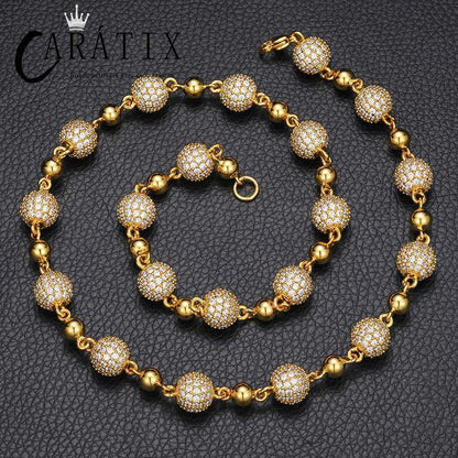 CARÁTIX – 10mm Beads Link Chain Necklace | Iced Out CZ Bling Hip Hop Jewelry for Men & Women, Rapper Street Style - CaratixJewelry