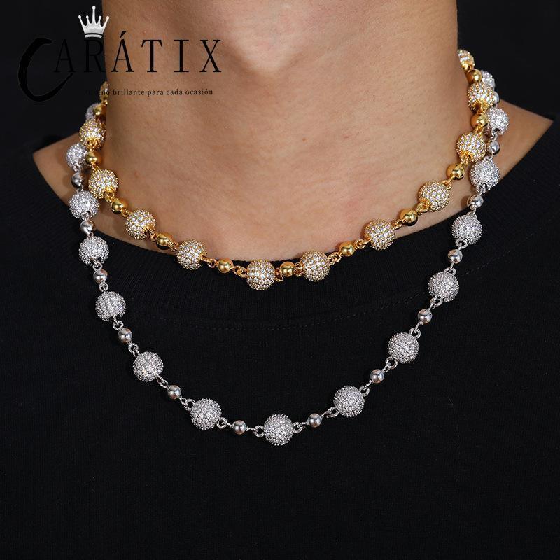 CARÁTIX – 10mm Beads Link Chain Necklace | Iced Out CZ Bling Hip Hop Jewelry for Men & Women, Rapper Street Style - CaratixJewelry