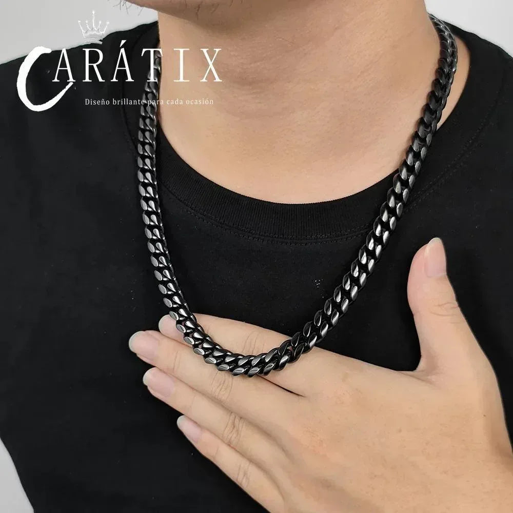 CARÁTIX – 10mm Black Plated Miami Cuban Link Chain Necklace | Hip Hop Jewelry for Men & Women, Street Style Cuban Chains - CaratixJewelry
