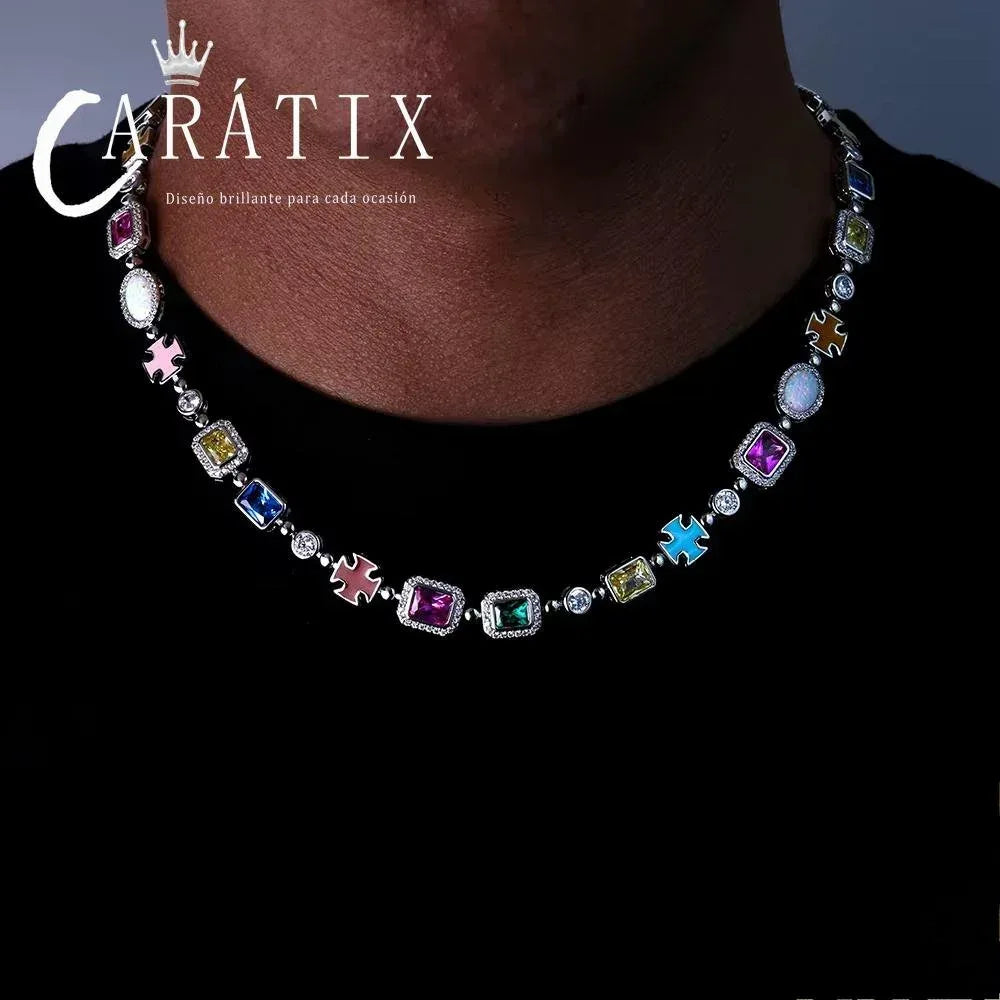 CARÁTIX 10mm Multi-Color Enamel CZ Chain Necklace – Silver Geometric Gemstone Motif Fashion Jewelry - CaratixJewelry