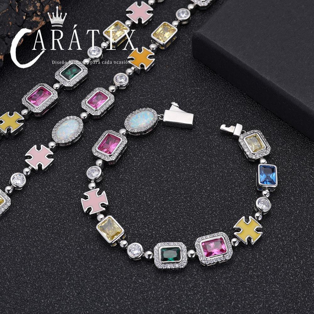 CARÁTIX 10mm Multi-Color Enamel CZ Chain Necklace – Silver Geometric Gemstone Motif Fashion Jewelry - CaratixJewelry