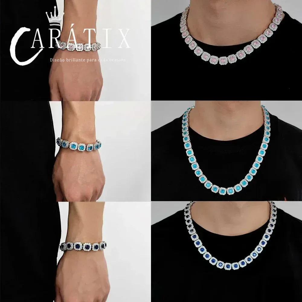 CARÁTIX 12mm Blue CZ Cluster Tennis Chain – Silver-Plated Jumbo Square Cubic Zirconia Necklace for Men - CaratixJewelry