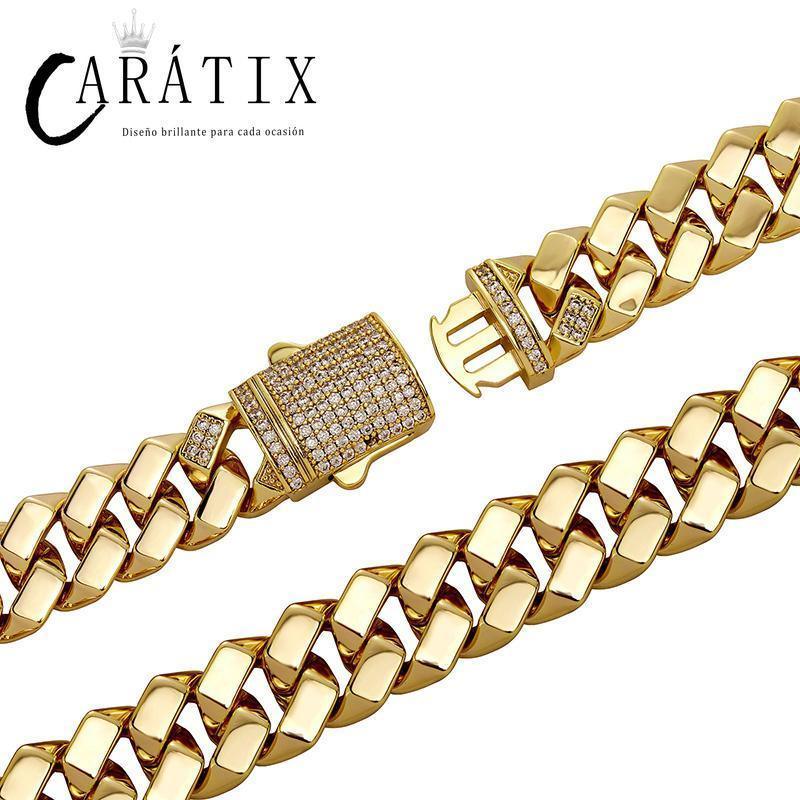 CARÁTIX 12mm Iced Out Cuban Link Chain Necklace – Hip Hop Bling Jewelry for Men | Gold Rhombus Miami Chain Gift - CaratixJewelry