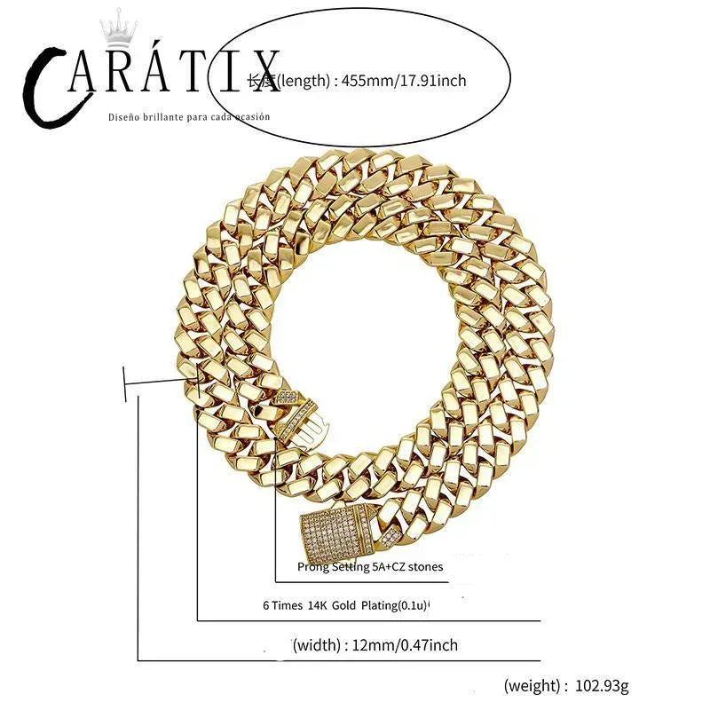 CARÁTIX 12mm Iced Out Cuban Link Chain Necklace – Hip Hop Bling Jewelry for Men | Gold Rhombus Miami Chain Gift - CaratixJewelry