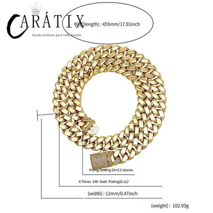 CARÁTIX 12mm Iced Out Cuban Link Chain Necklace – Hip Hop Bling Jewelry for Men | Gold Rhombus Miami Chain Gift - CaratixJewelry