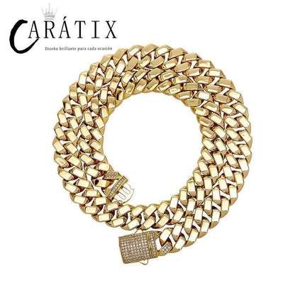 CARÁTIX 12mm Iced Out Cuban Link Chain Necklace – Hip Hop Bling Jewelry for Men | Gold Rhombus Miami Chain Gift - CaratixJewelry