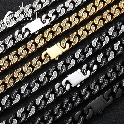 CARÁTIX 12mm Stainless Steel Cuban Link Chain Necklace – Bling Zircon Chunky Hip Hop Jewelry for Men & Women | 16–26 Inches - CaratixJewelry