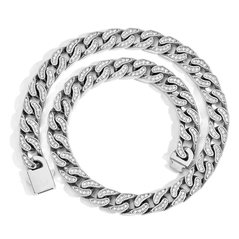 CARÁTIX 12mm Stainless Steel Cuban Link Chain Necklace – Bling Zircon Chunky Hip Hop Jewelry for Men & Women | 16–26 Inches - CaratixJewelry