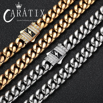CARÁTIX 12mm Stainless Steel Cuban Link Chain Necklace – Lightning Clasp Fashion Jewelry for Men - CaratixJewelry