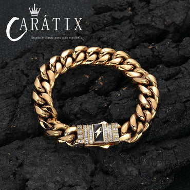 CARÁTIX 12mm Stainless Steel Cuban Link Chain Necklace – Lightning Clasp Fashion Jewelry for Men - CaratixJewelry