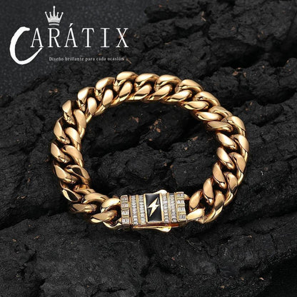 CARÁTIX 12mm Stainless Steel Cuban Link Chain Necklace – Lightning Clasp Fashion Jewelry for Men - CaratixJewelry