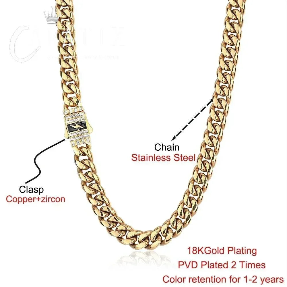 CARÁTIX 12mm Stainless Steel Cuban Link Chain Necklace – Lightning Clasp Fashion Jewelry for Men - CaratixJewelry