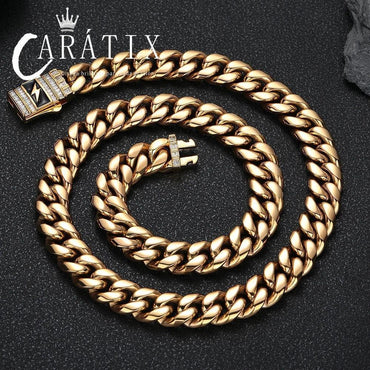 CARÁTIX 12mm Stainless Steel Cuban Link Chain Necklace – Lightning Clasp Fashion Jewelry for Men - CaratixJewelry